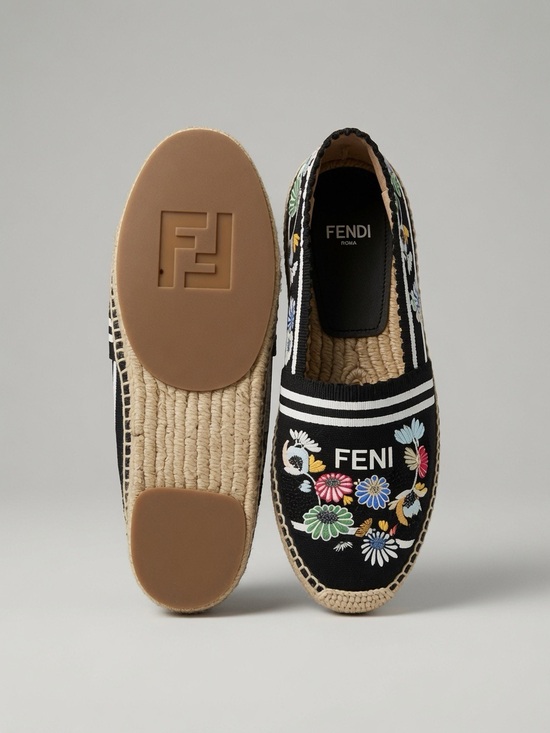 Fendi Shoes - Fendi Black Embroidered Floral Espadrilles with Multicolor Accents